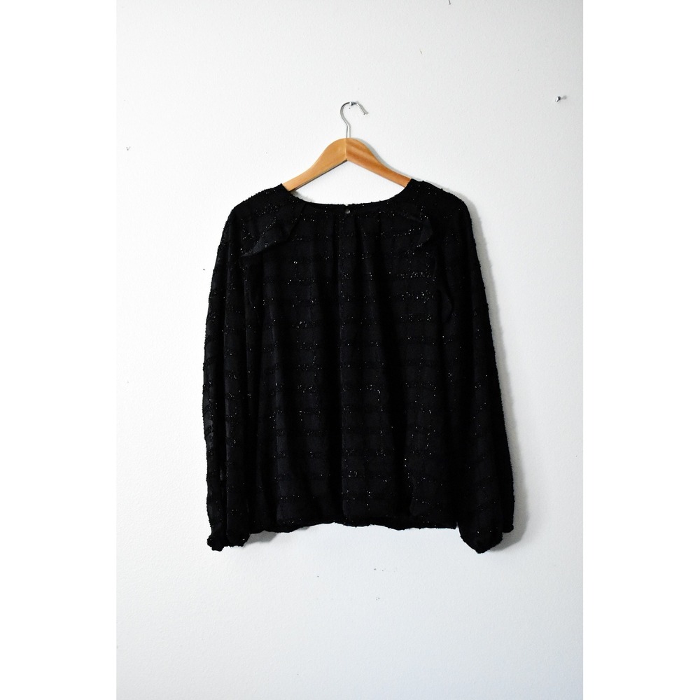 Liz Claiborne Blouse Women XL Black New Metallic Grid Eyelash Fringe Top